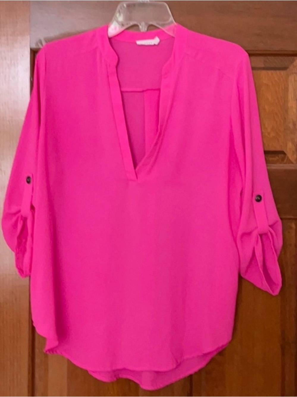 Lush Split V-Neck Roll-Tab Blouse - Hot Pink